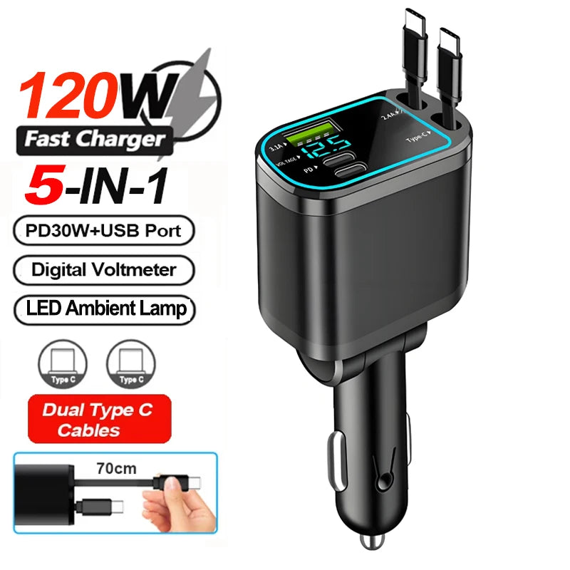 148W 7 in 1 Retractable Car Charger with Voltage Display and Starry Lamp