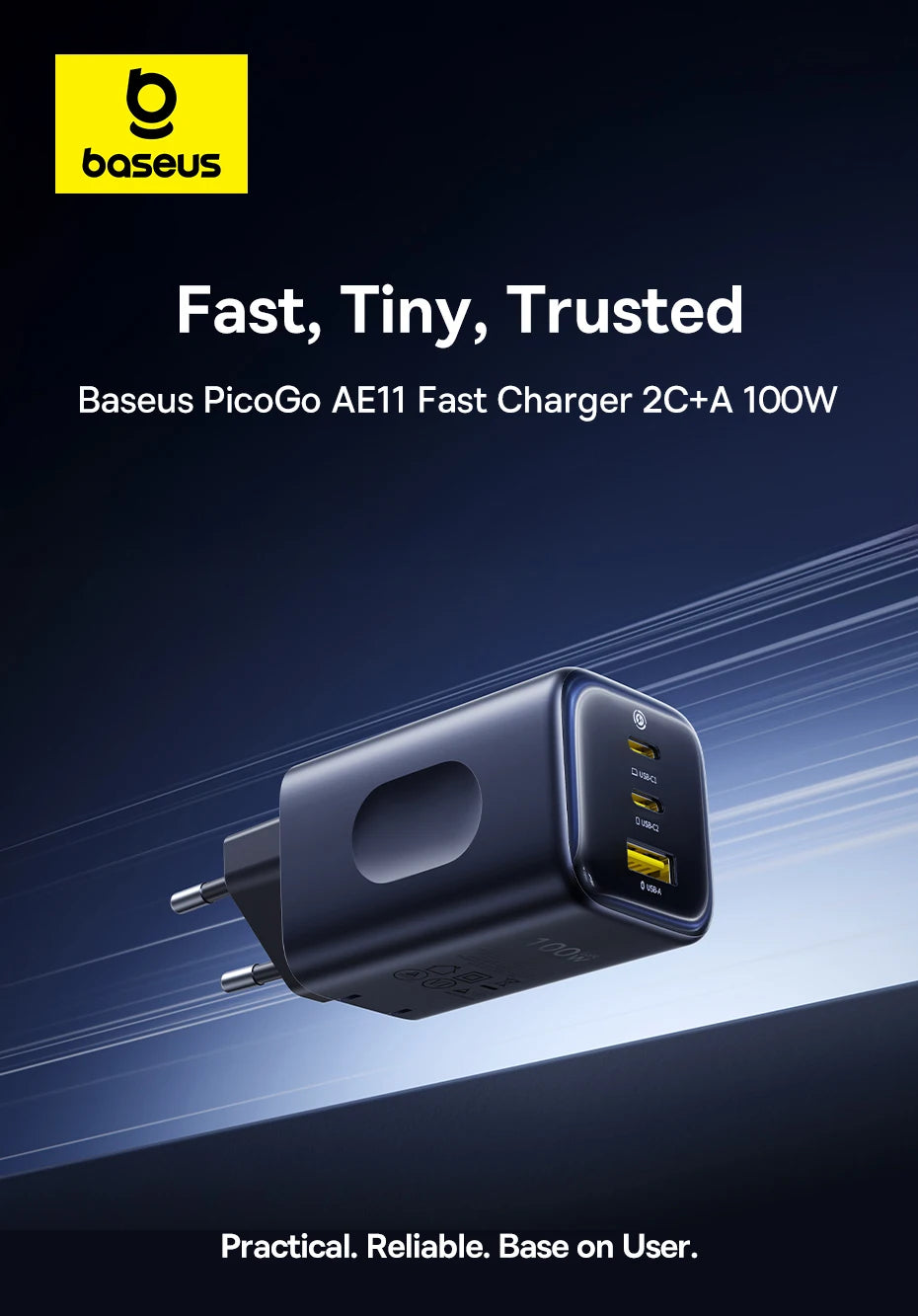 100W GaN Fast Wall Charger with 3 Ports for Laptops and Phones
