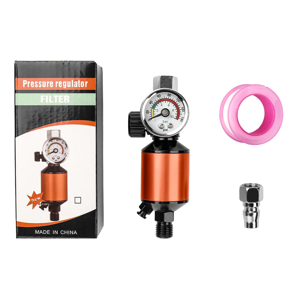 In-Line Air Pressure Regulator and Water Filter for Spray Guns