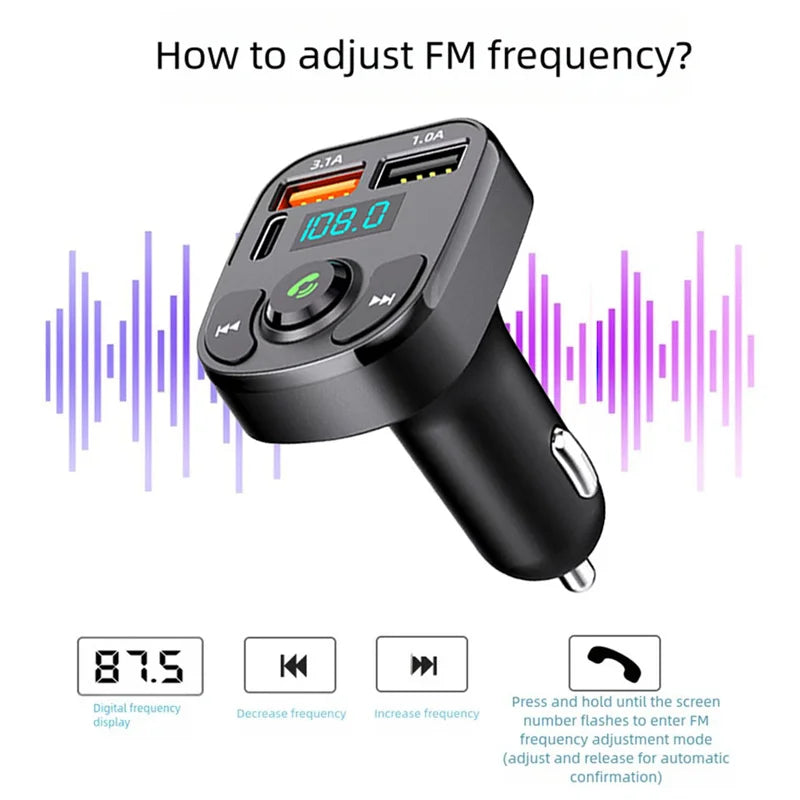 Bluetooth 5.0 FM Transmitter Car Radio Kit with Type C and Dual USB