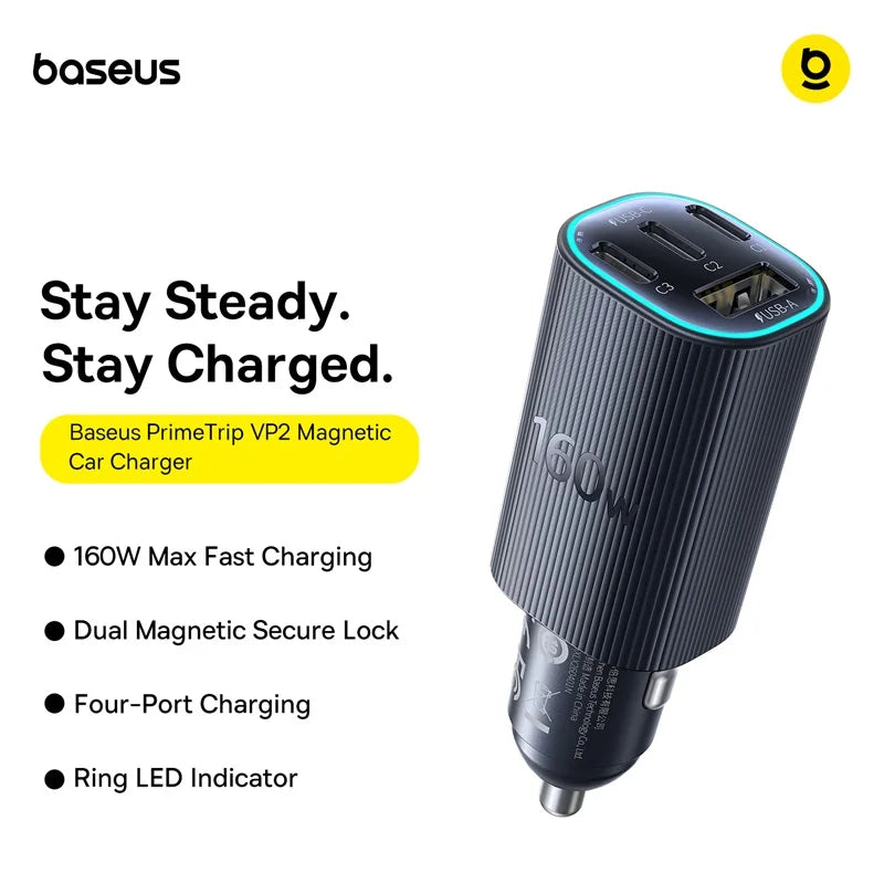160W Fast Car Charger with Triple USB Ports for Laptops and Phones
