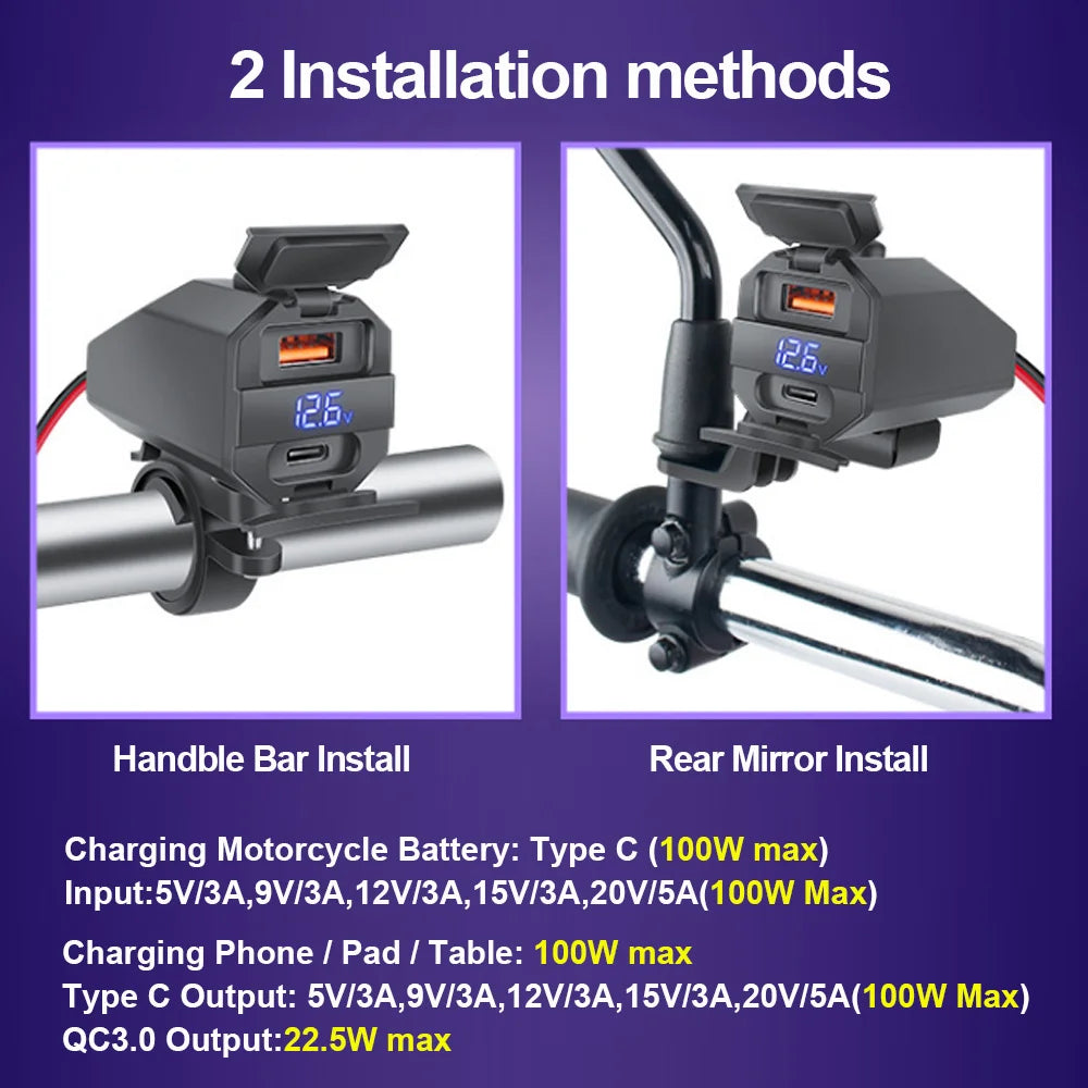 Motorcycle 100W Bidirectional USB Charger with Voltmeter and Switch
