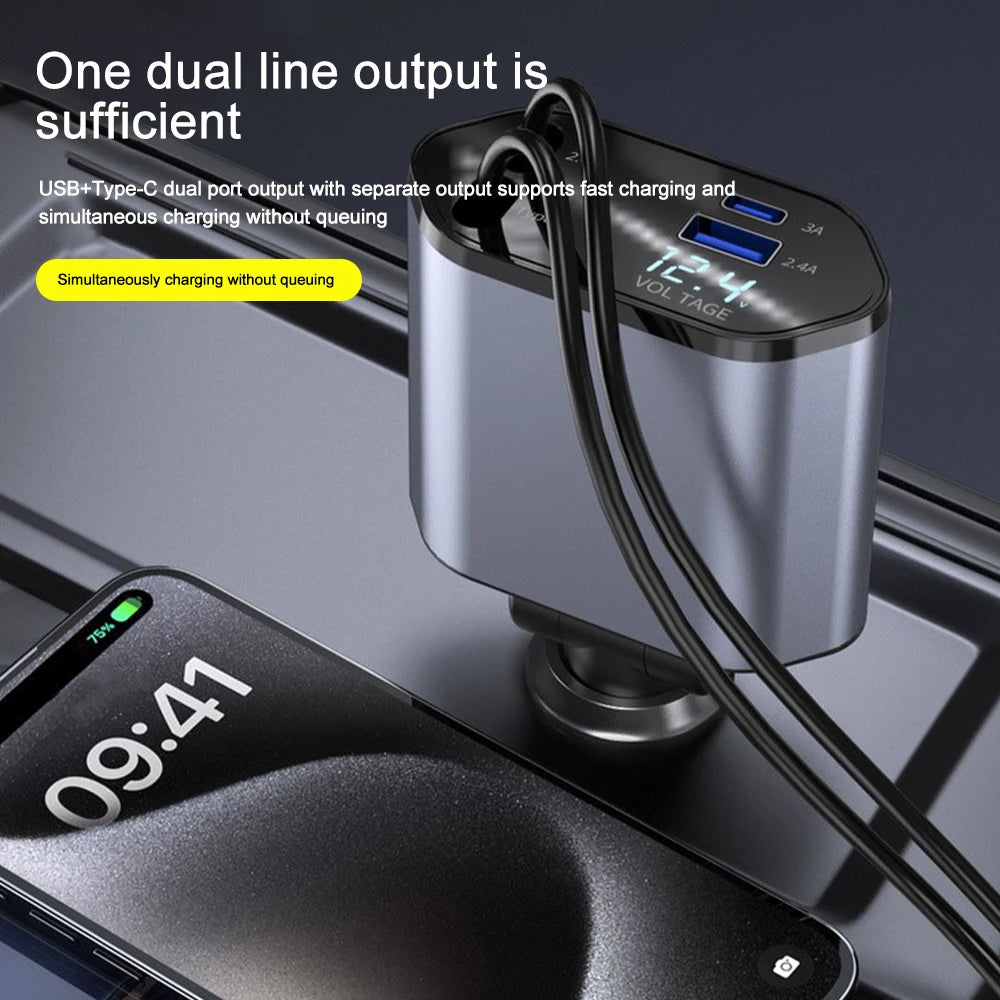 120W 4-in-1 Fast Retractable Car Charger with Voltage Display