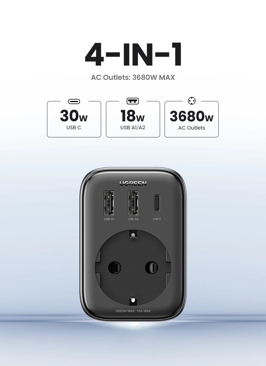 30W GaN Fast Charger with Built-in AC Wall Socket