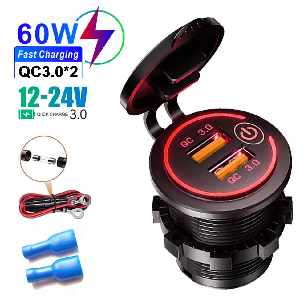 Dual QC 3.0 USB Fast Car Charger Socket 12V/24V Waterproof Outlet - 18