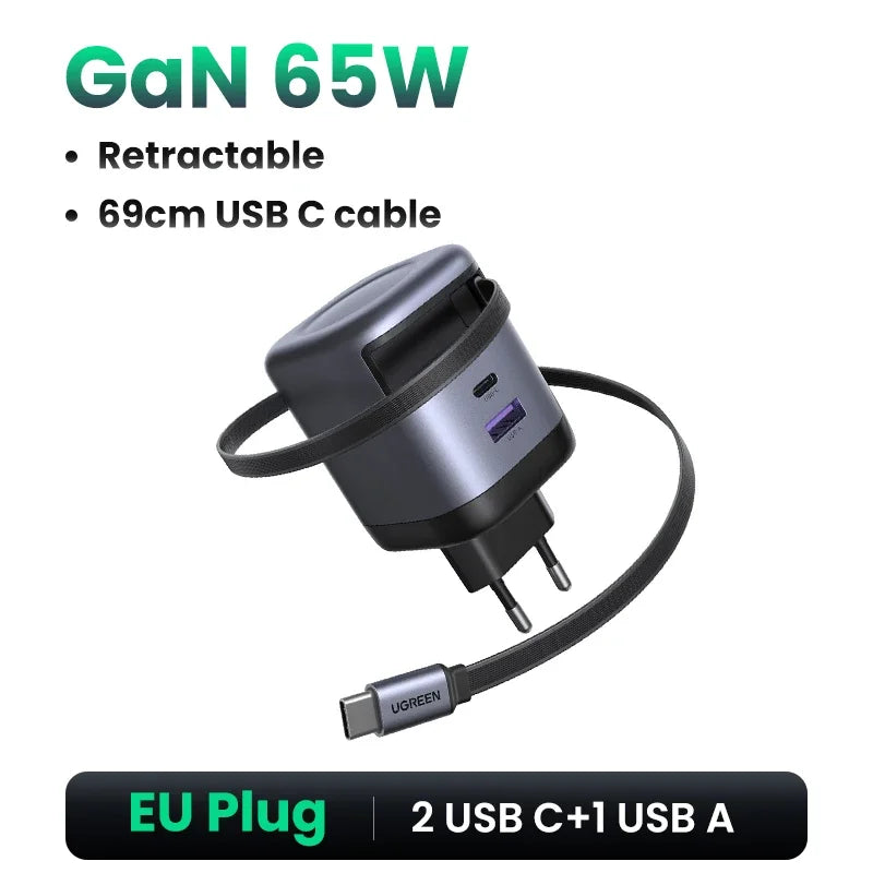 65W GaN Fast Wall Charger with Built-in Retractable USB-C Cable - 21