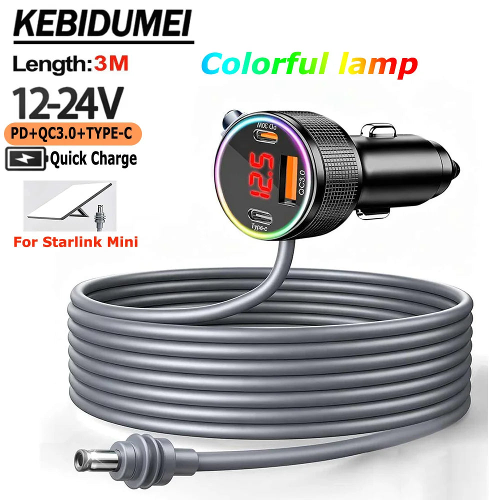 3M 12V 24V Car Power Adapter for Starlink Mini with USB PD QC Charger