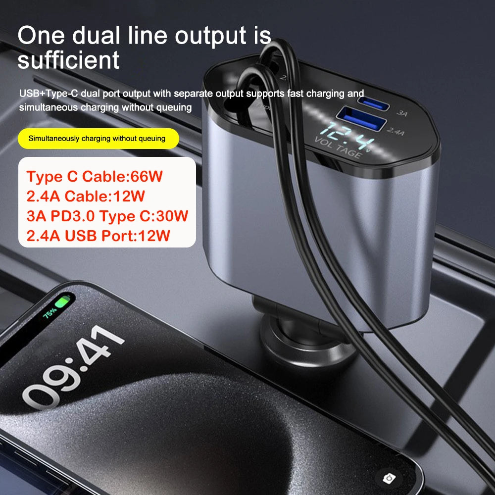 120W 4-in-1 Fast Retractable Car Charger with Voltage Display - 2