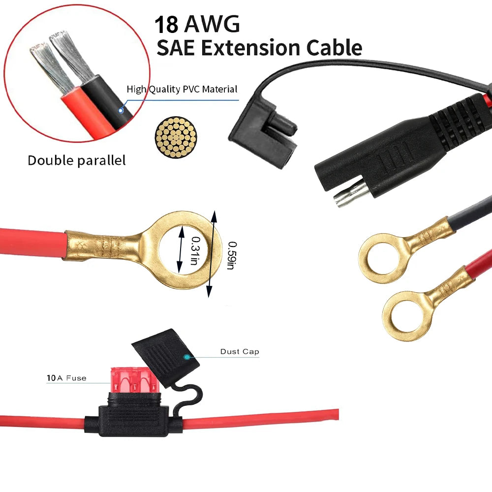 SAE to O-Ring Terminal Battery Charger Cable with 10A Fuse - 8