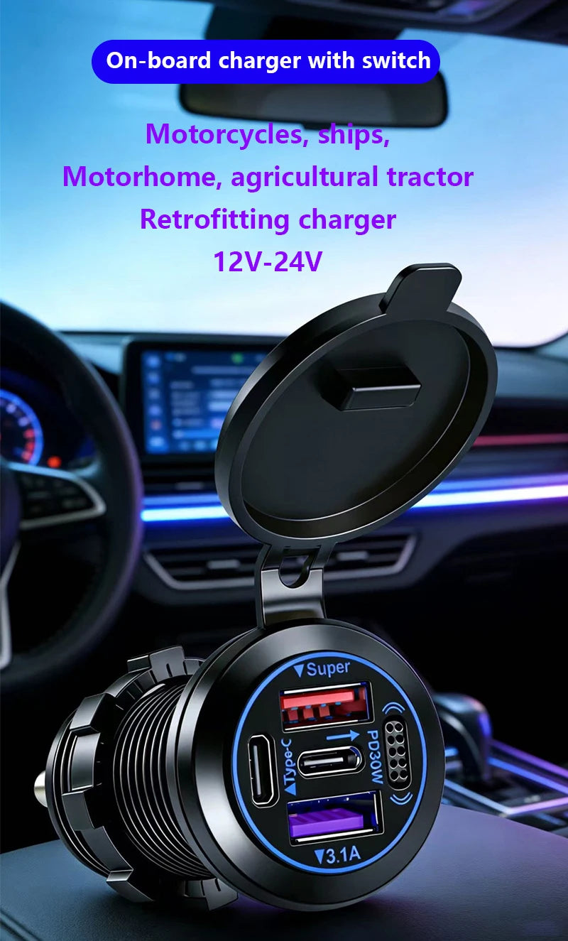 83W 4-Port Fast Charging Car Socket with Dual USB-C and Dual USB-A
