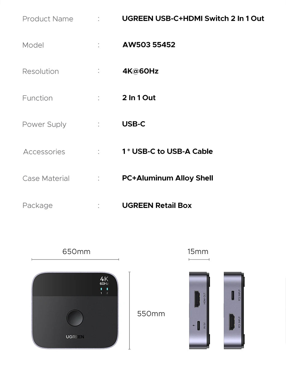 4K 60Hz HDMI and USB-C 2-in-1 Switcher for Dual Device Setup