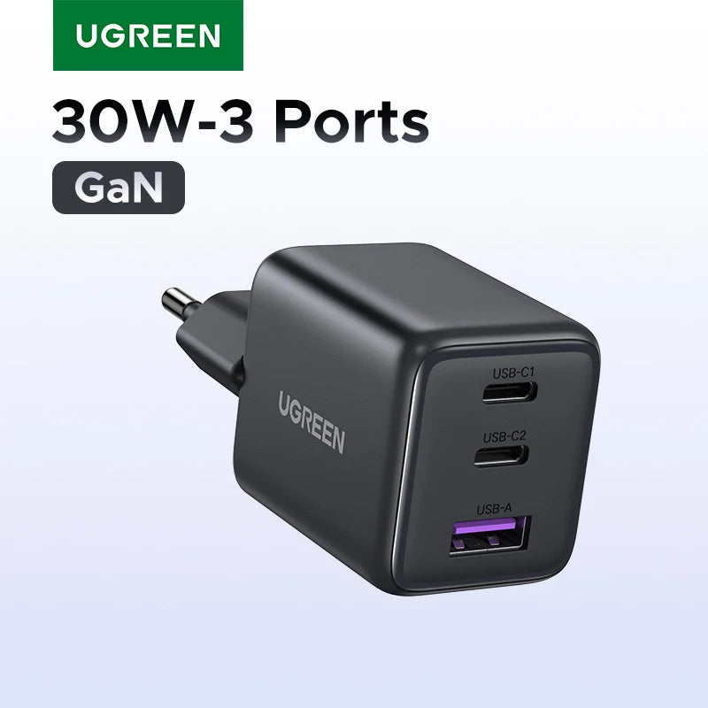 30W GaN Fast Wall Charger with Triple USB Ports