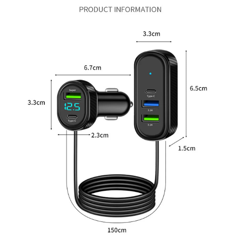 127W 5 Port Fast Car Charger with 150CM Extension Cable for Front Rear