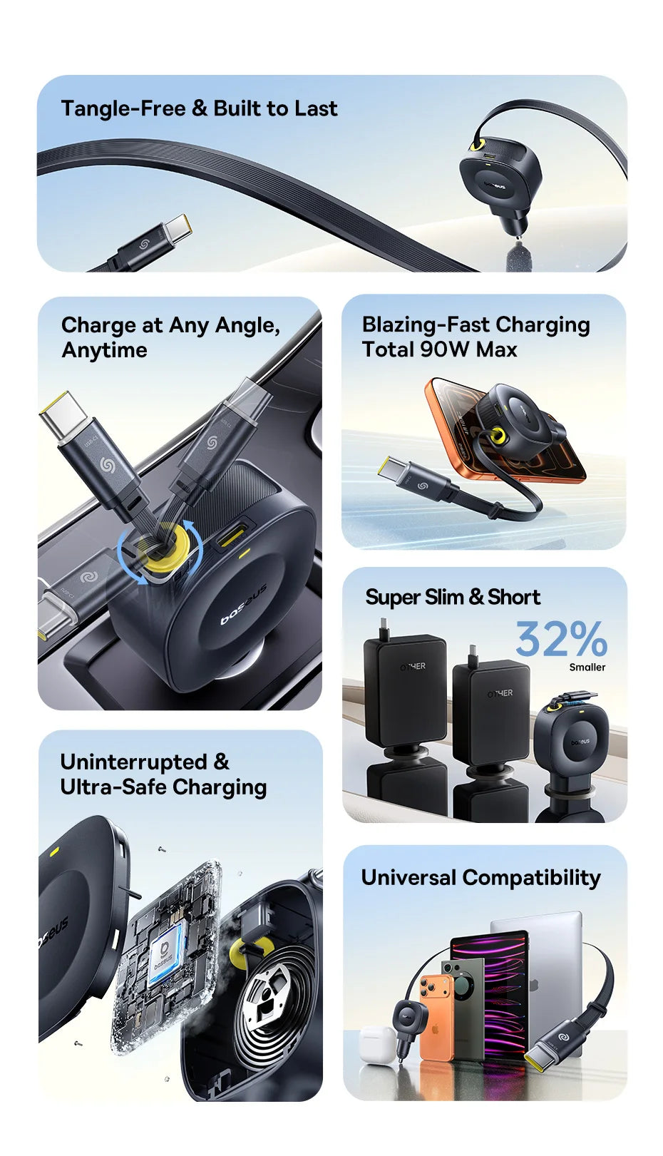 45W Dual USB-C Fast Car Charger with Retractable Cable - 8