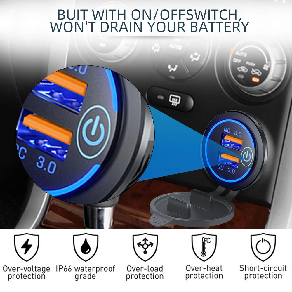 Dual QC 3.0 USB Fast Car Charger Socket 12V/24V Waterproof Outlet