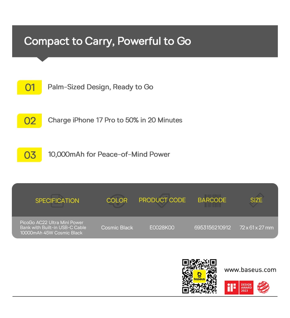 45W Mini Portable Power Bank with Built-in USB-C Cable 10000mAh
