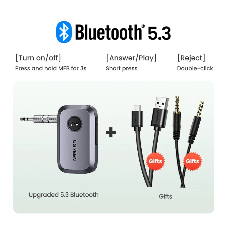 Bluetooth 5.3 Car Audio Receiver Adapter with 3.5mm AUX