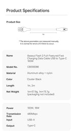 100W USB-C Fast Charging Data Cable for Smartphones and Tablets