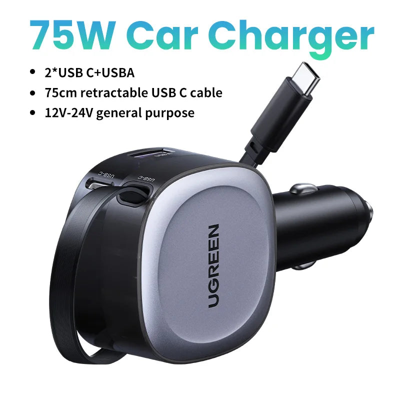 75W Fast Car Charger with Retractable Cables