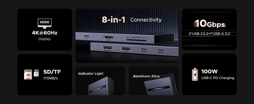 8-in-1 USB-C Hub with 4K 60Hz HDMI and 100W PD Charging