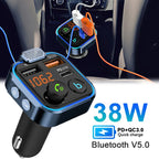 Bluetooth 5.0 FM Transmitter Car Adapter with 38W PD and QC3.0 Charger