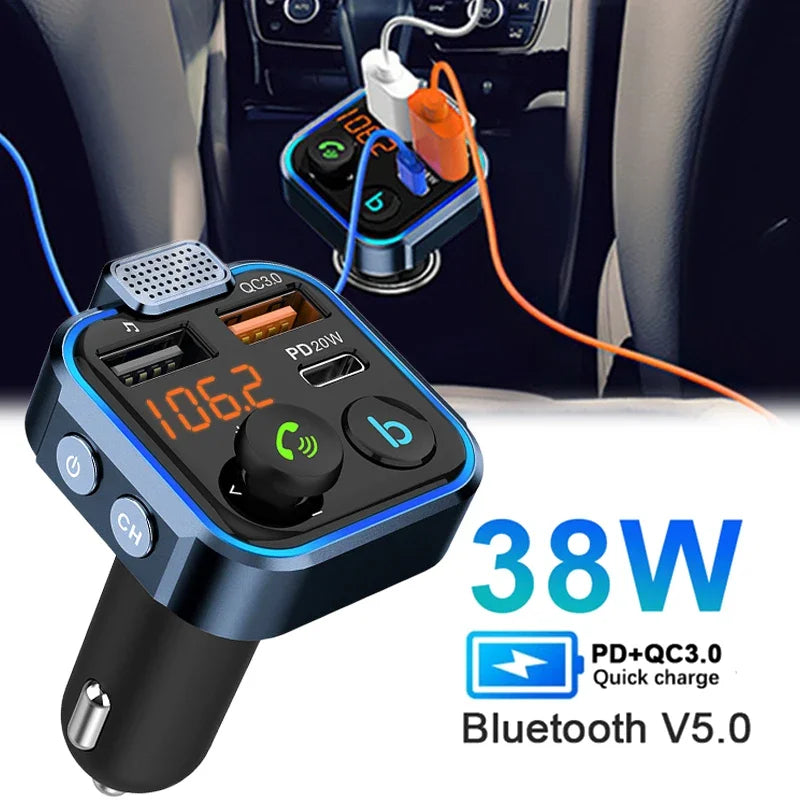 Bluetooth 5.0 FM Transmitter Car Adapter with 38W PD and QC3.0 Charger