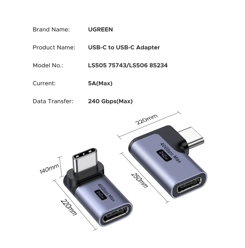 90-Degree USB-C Male to Female Adapter 240W 40Gbps - 16