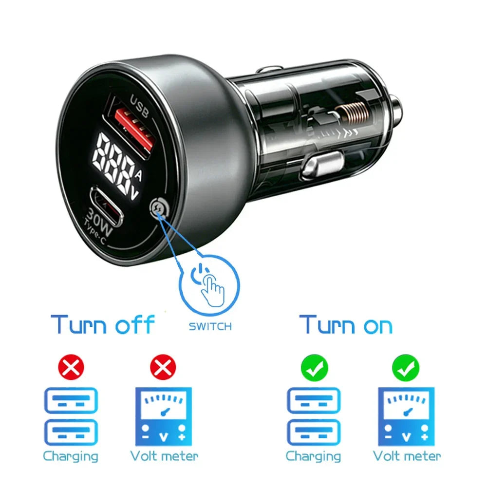 60W Dual Port USB Car Charger with PD QC3.0 Voltmeter and Ambient Light