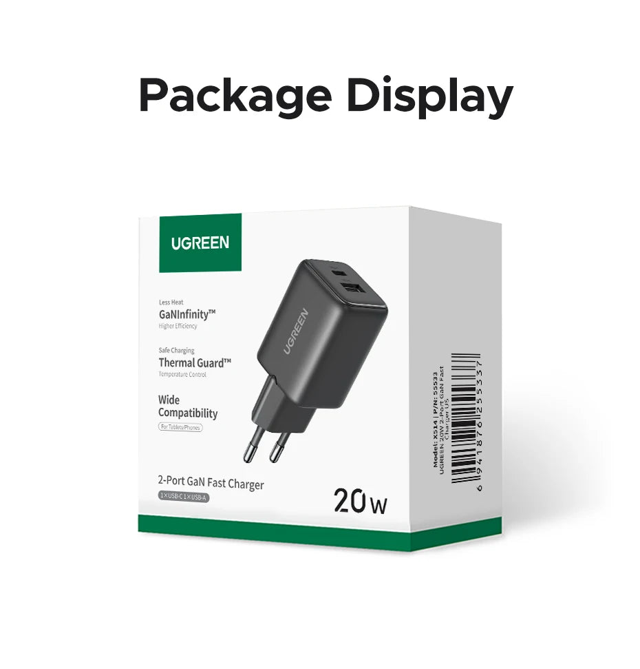 20W GaN Dual-Port USB-C and USB-A Fast Wall Charger