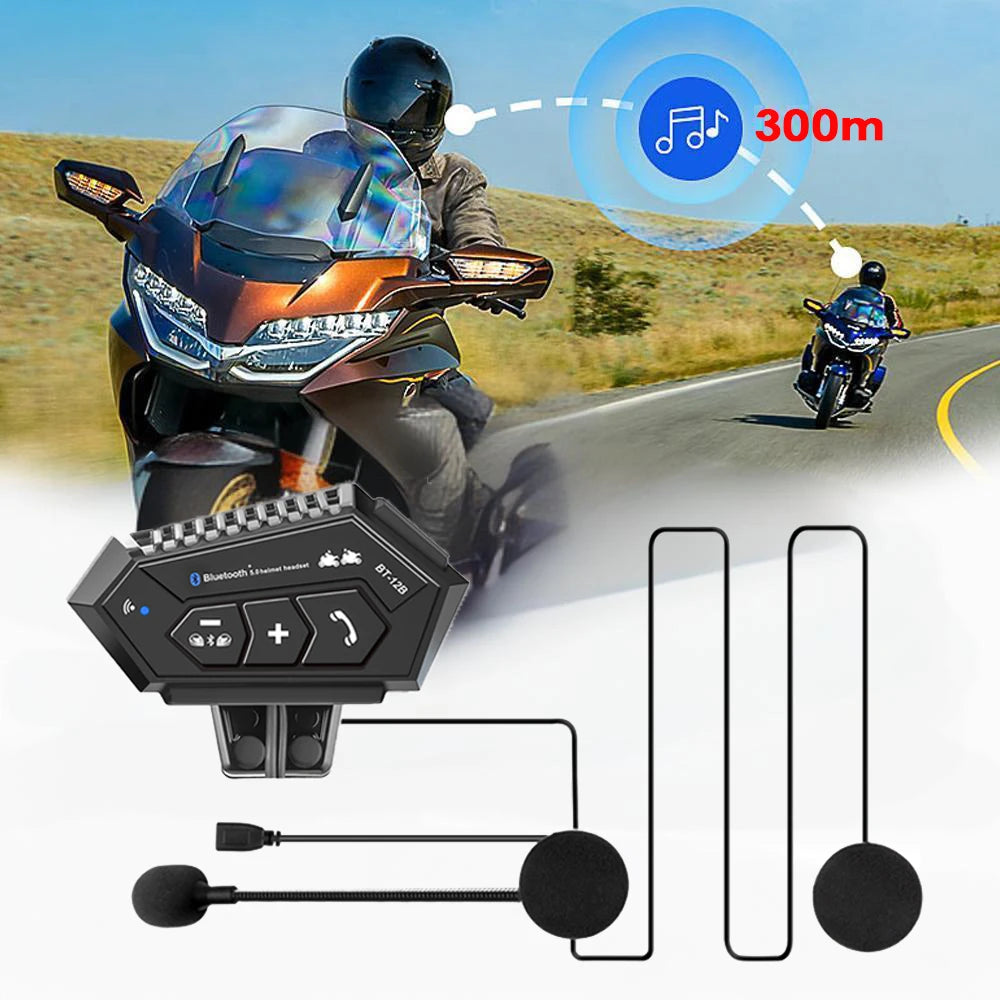 BT-12B Bluetooth 5.0 Motorcycle Helmet Intercom Headset 300M Range
