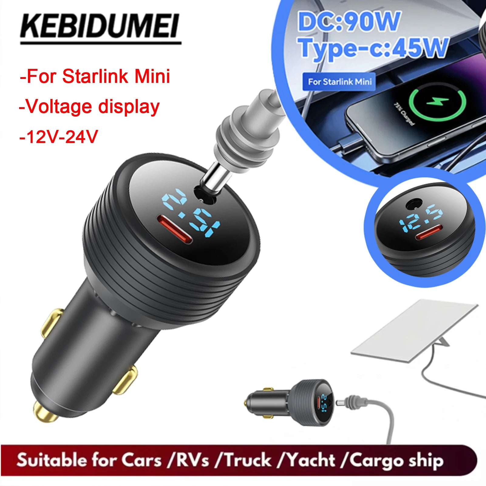 Starlink Mini 90W DC Power Cable 45W Type-C Car Charger 12V-24V