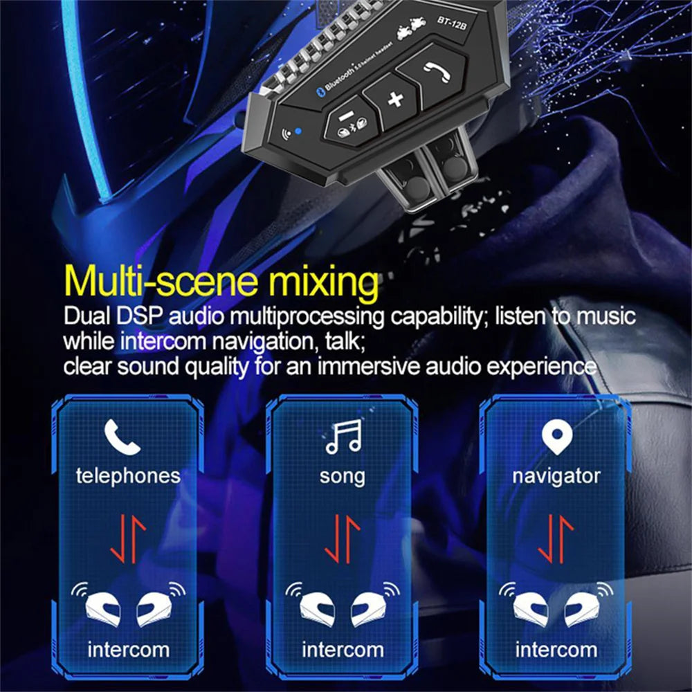 BT-12B Bluetooth 5.0 Motorcycle Helmet Intercom Headset 300M Range