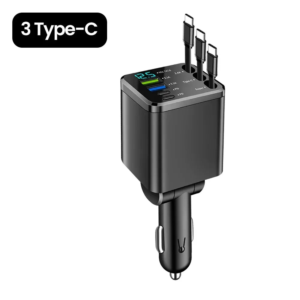 7-in-1 Fast Car Charger with Retractable Cables and Digital Voltmeter