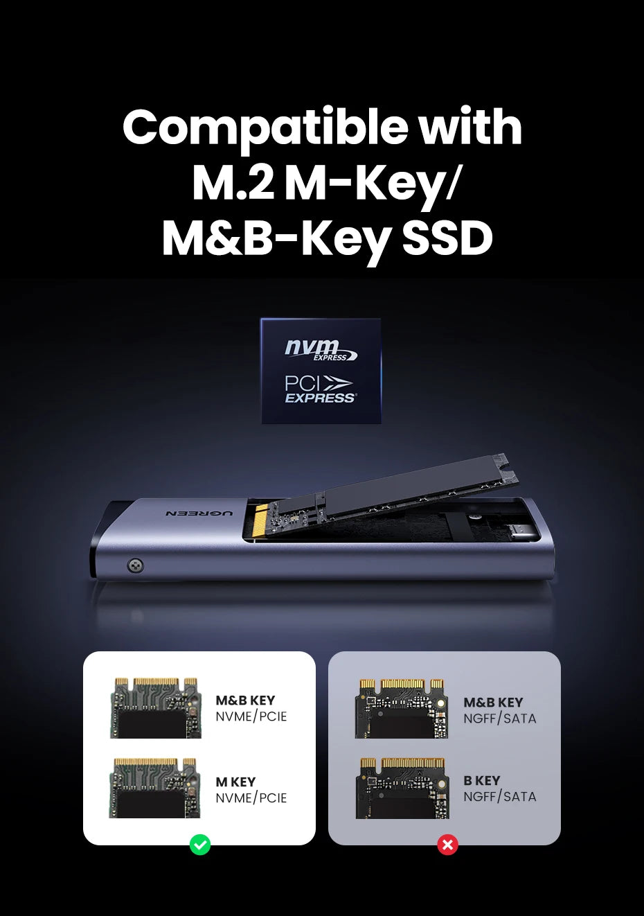 Dual Protocol M.2 NVMe and SATA SSD Enclosure 10Gbps USB-C Adapter