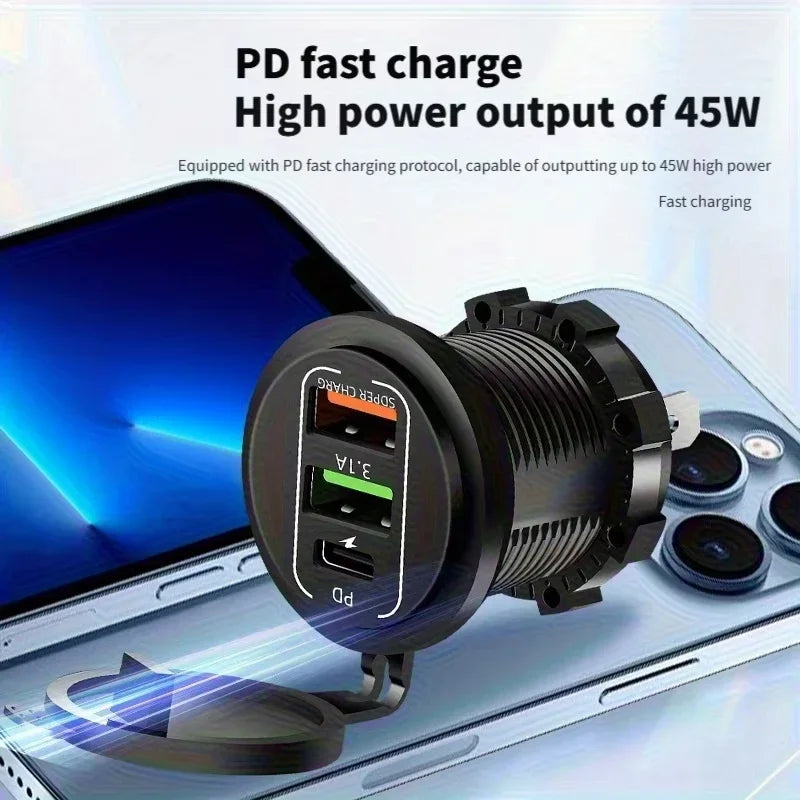 83W 4 Port USB and USB-C Fast Car Charger Socket for 12V 24V Vehicles