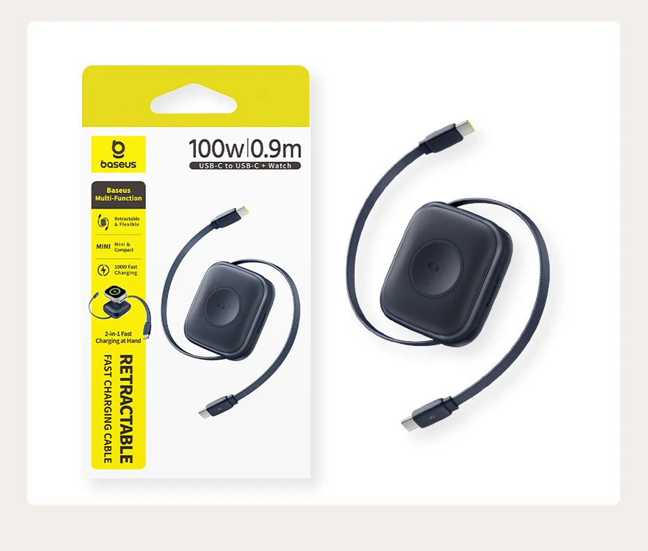 100W Retractable Fast Charging Cable with Watch Wireless Charger