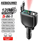 120W 5 in 1 Retractable Car Charger with Voltmeter and Starry Light