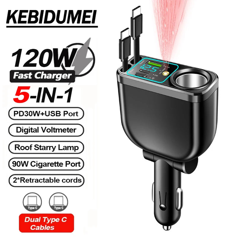 120W 5 in 1 Retractable Car Charger with Voltmeter and Starry Light