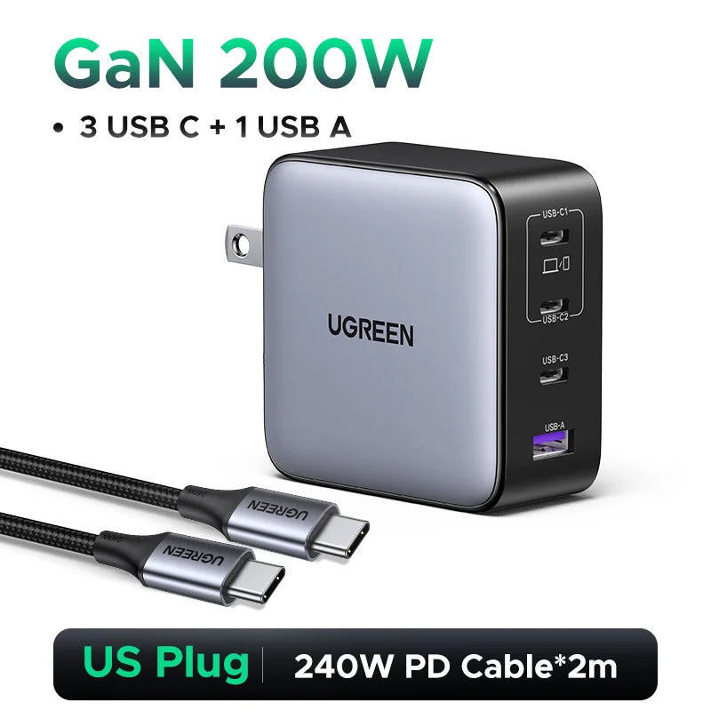200W GaN Fast Wall Charger for Laptops and Smartphones
