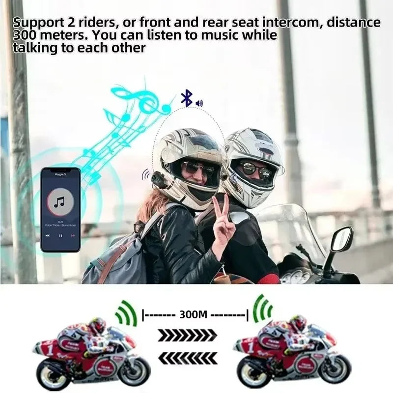 Bluetooth 5.3 Motorcycle Helmet Intercom Headset for 2 Riders 300M