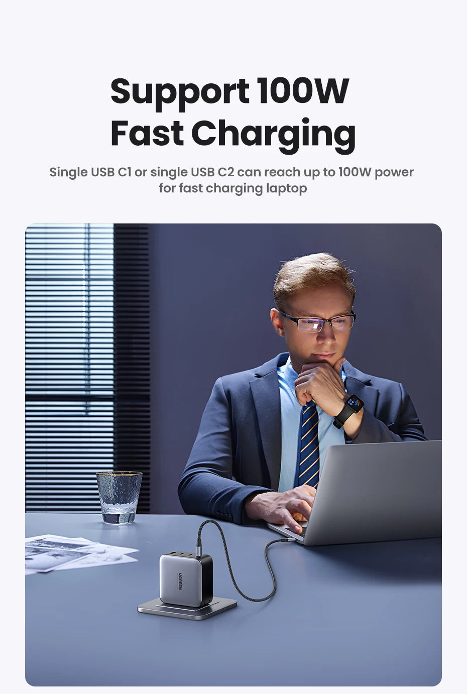 100W GaN USB-C Fast Wall Charger for Laptops and Smartphones - 10
