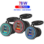 78W Triple Port USB-C Fast Car Charger Socket