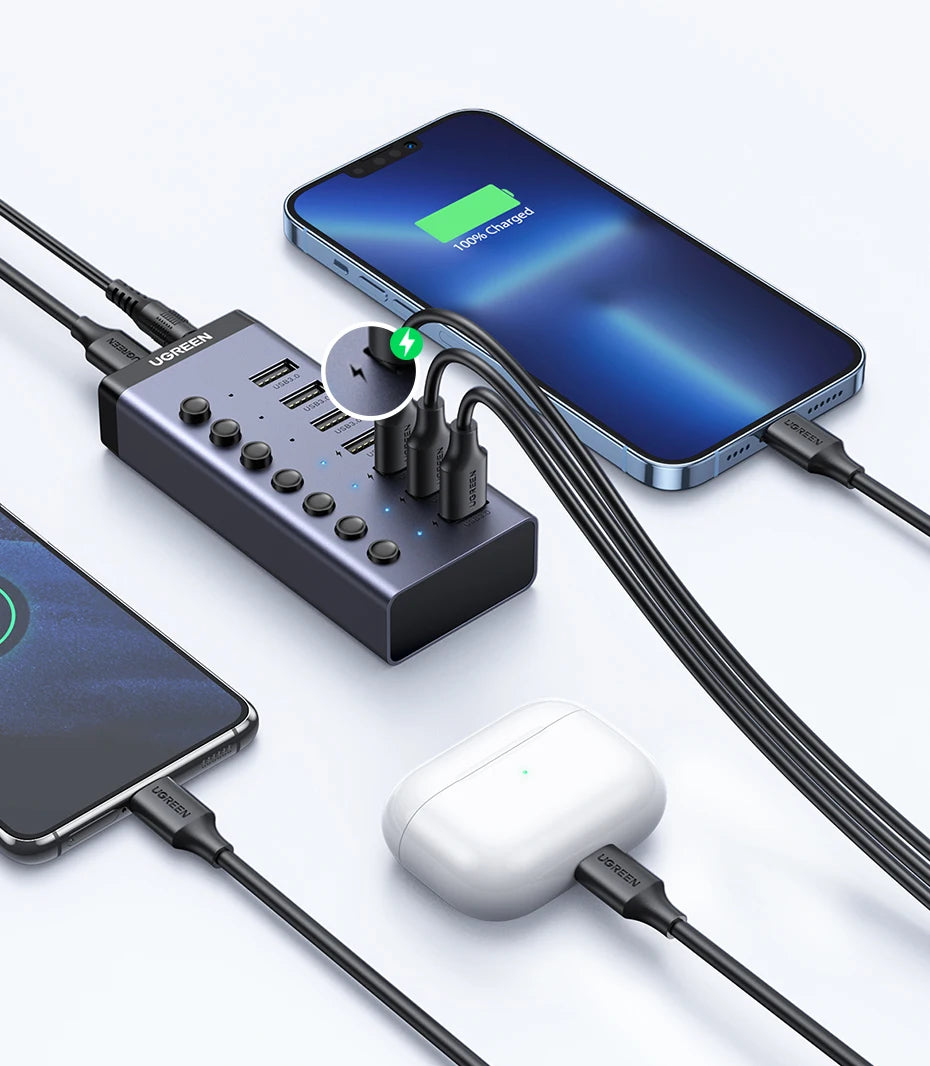 7-Port USB 3.0 Data Hub with Individual Switches and Power Adapter