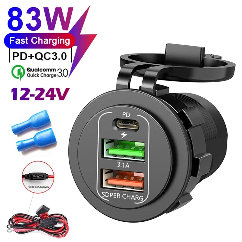 83W 4 Port USB and USB-C Fast Car Charger Socket for 12V 24V Vehicles
