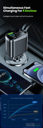 148W 7 in 1 Retractable Car Charger with Voltage Display and Starry Lamp