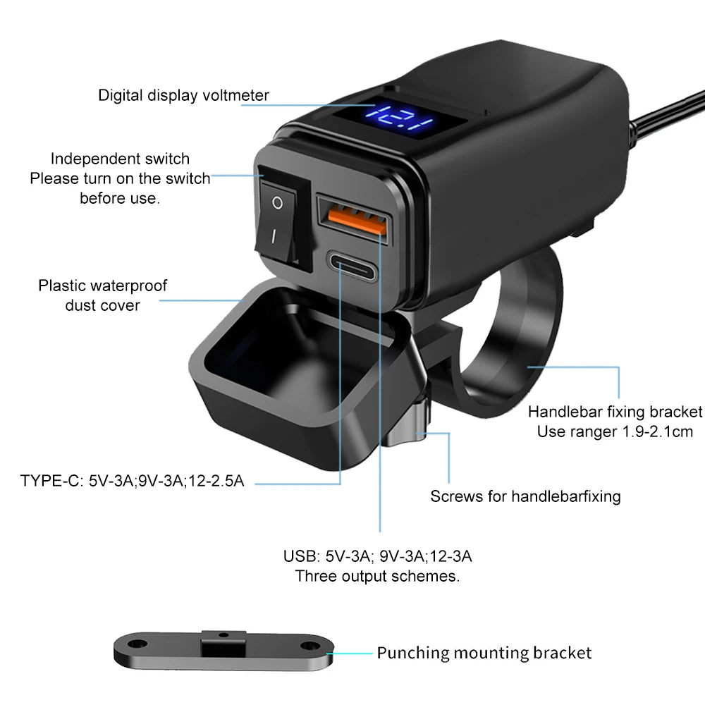 Motorcycle 100W Bidirectional USB Charger with Voltmeter and Switch