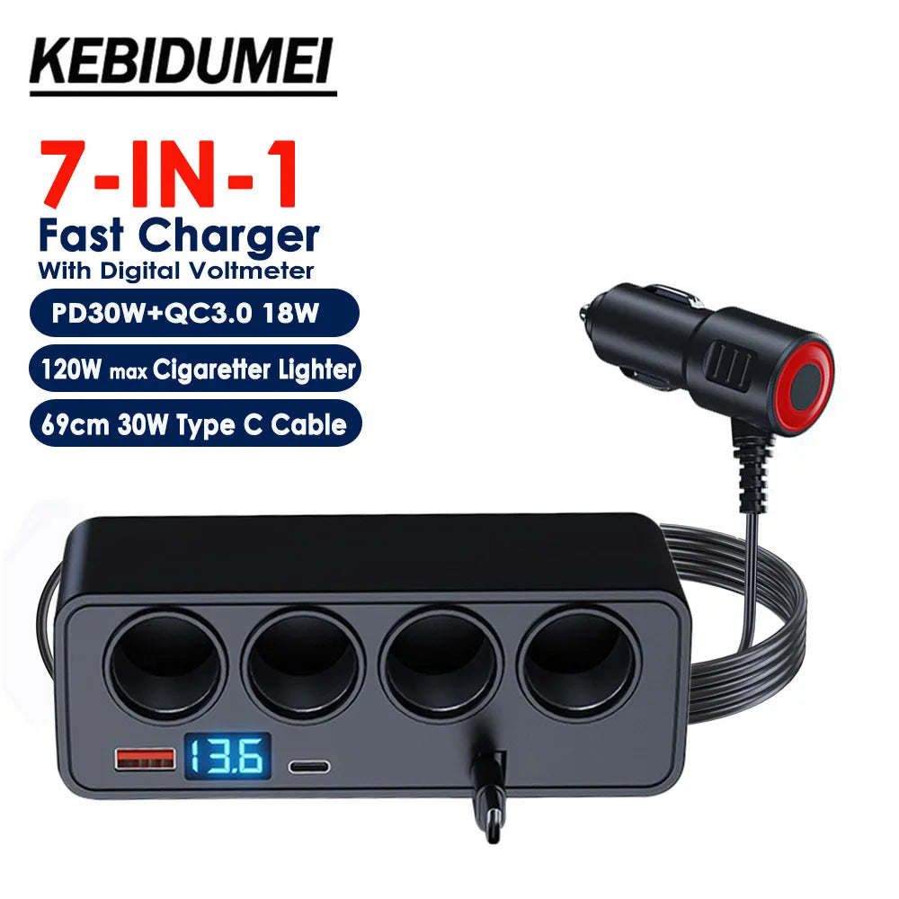 120W 7-in-1 Car Cigarette Lighter Socket Splitter with PD and USB
