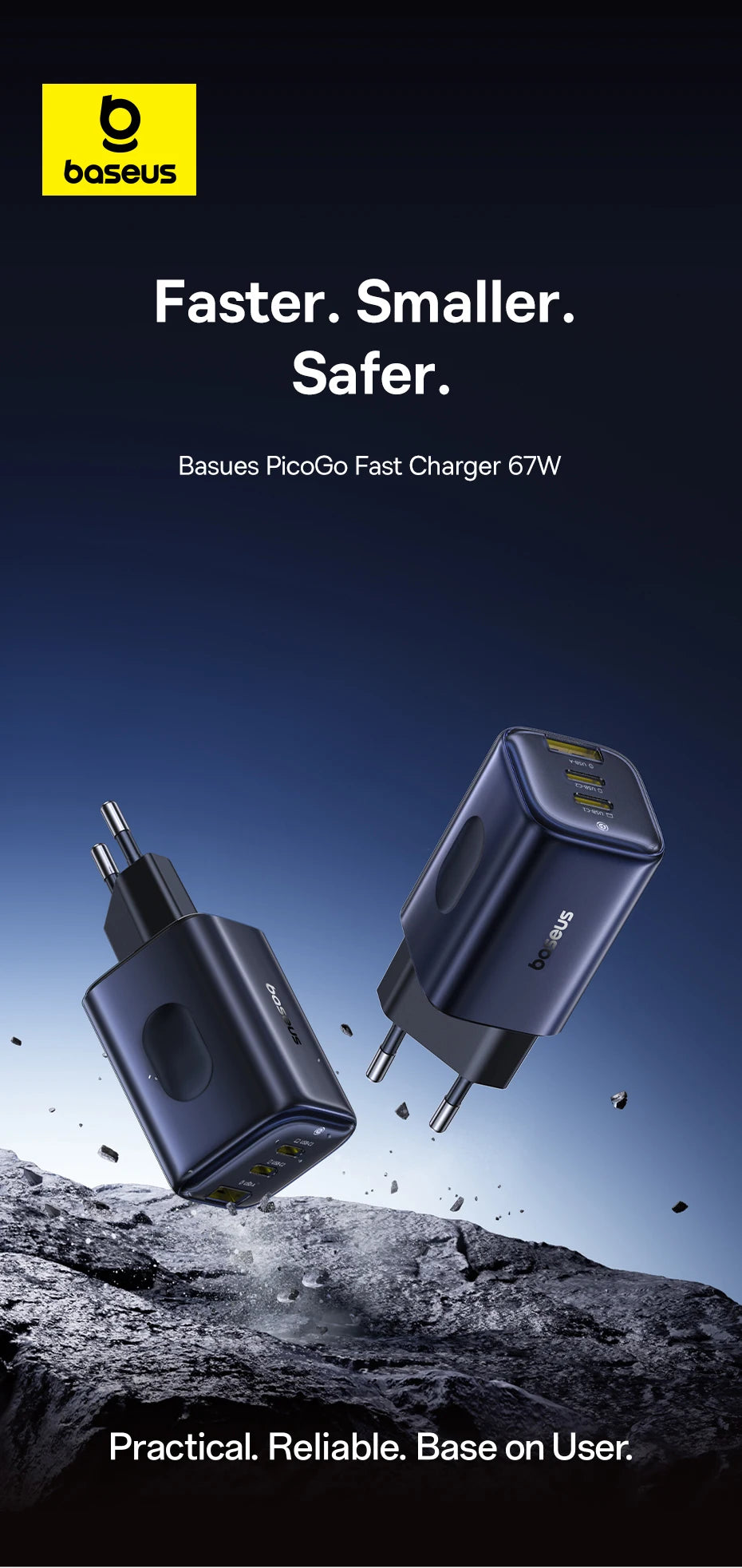 67W GaN Fast Wall Charger with 3 Ports for Laptops and Phones