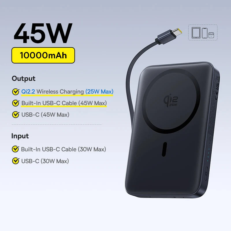 10000mAh Magnetic Wireless Power Bank with Qi2 Fast Charging