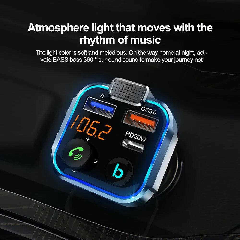 Bluetooth 5.0 FM Transmitter Car Adapter with 38W PD and QC3.0 Charger